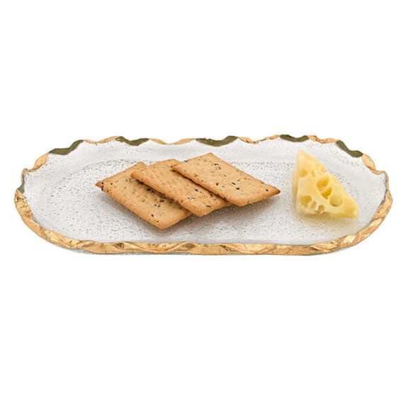 Elegant and Modern Decorative Goldedge Hand Decorated Gold Leaf Chiseled Edge Oval Glass Tray - 8 x 14 Inches Platter