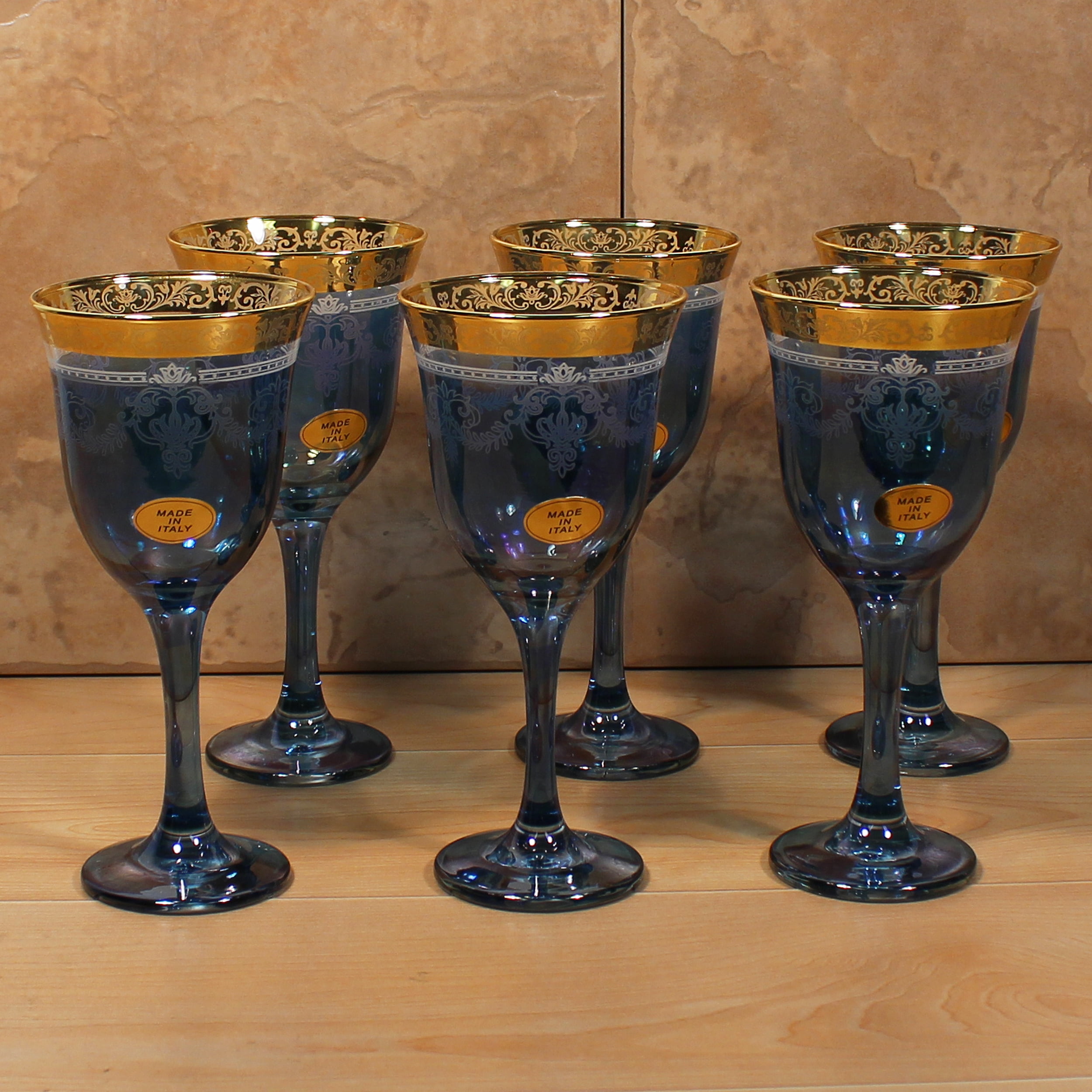 Italian Blue and Gold Floral Crystal Goblet Set, 9oz, Set of 6