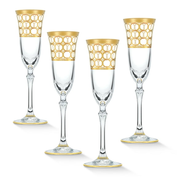 Elegant and Modern Lead Free Crystal Infinity Gold Ring Glassware for Hosting Parties and Events - 5 oz. Champagne Flute, Set of 4