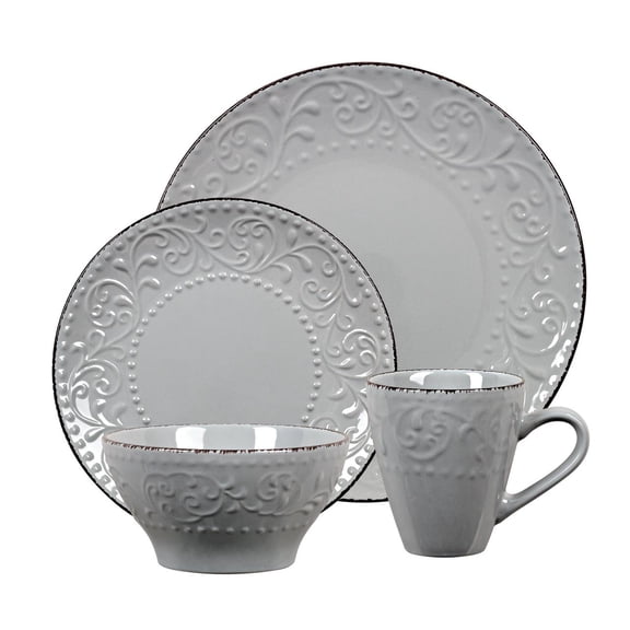 Elegant and Modern Stoneware Scroll Dinnerware Set for Hosting Parties and Events - Gray, 16 Piece