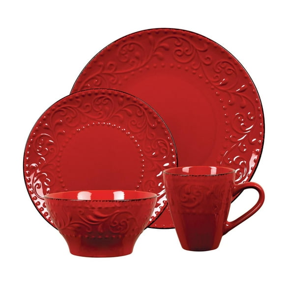 Elegant and Modern Stoneware Scroll Dinnerware Set for Hosting Parties and Events - Red, 16 Piece