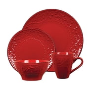 Elegant and Modern Stoneware Scroll Dinnerware Set for Hosting Parties and Events - Red, 16 Piece