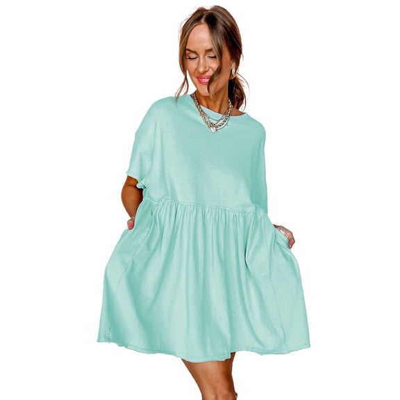 Elegant and Playful Short Sleeve Babydoll Dress in Moonlight Jade - Side Pockets - [ZhiHiMeRi] | (US 8-10)M