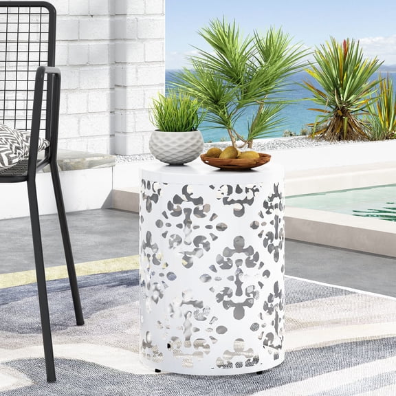 Elegant and Sturdy Outdoor Addition - Cylindrical Metal Side Table with Light - passing Iron Cut