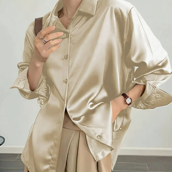 Elegant and Versatile Women's Vintage Long Sleeve Satin Button-up Shirt with Drape