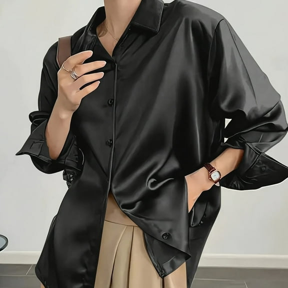 Elegant and Versatile Women's Vintage Long Sleeve Satin Button-up Shirt with Drape