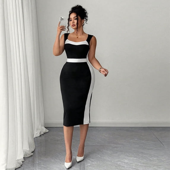 Elegant and sophisticated dress, new summer French style color-blocked midi dress