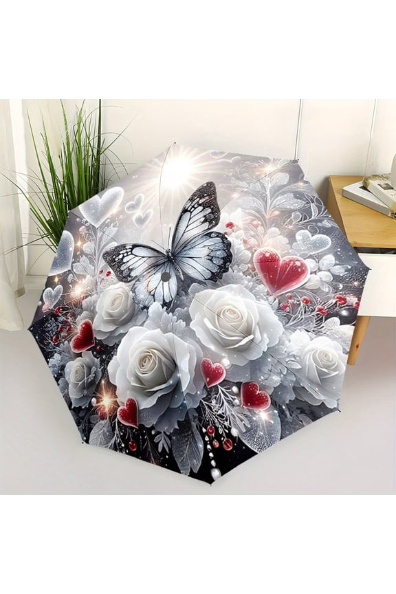 Elegant automatic folding umbrella with white rose, butterfly, and red/heart-shaped design - portable and foldable, lightweight and perfect gift for all seasons, Christmas, birthdays, and holidays