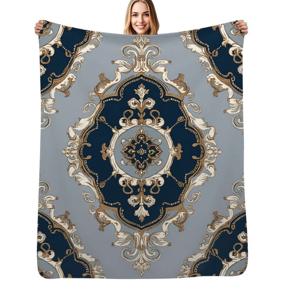 Elegant baroque navy gold pattern Flannel Blanket Warm Soft Bedding Throws Winter Camping Chair Sofa Bed