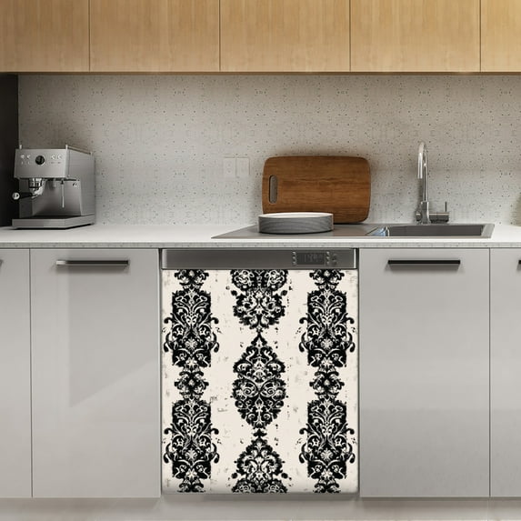 Elegant black damask pattern Dishwasher Magnet Cover Decorative Sticker for Home Cabinet Kitchen 23" x26"