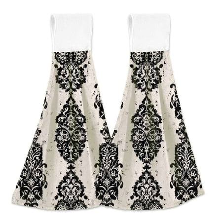 Elegant black damask pattern Hanging Kitchen Hand Towels Sets with Loop Hand Towels Kitchen Tie Towel 4pcs