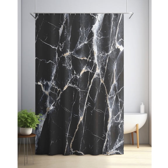 Elegant black marble shower curtain with white texture, polyester, machine washable, glossy woven shower curtain with 12 hooks, stylish bathroom decor