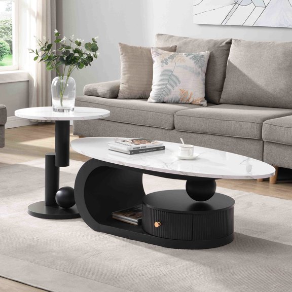 Elegant black - white color scheme / Combine tables for living area / Quick - setup table pair