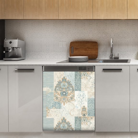 Elegant blue gold damask pattern Dishwasher Magnet Cover Decorative Sticker for Home Cabinet Kitchen 23" x26"
