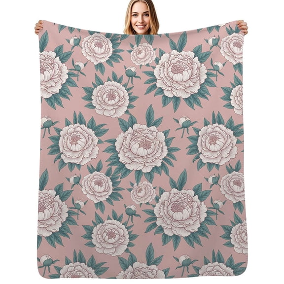 Elegant blush peony floral pattern Flannel Blanket Warm Soft Bedding Throws Winter Camping Chair Sofa Bed