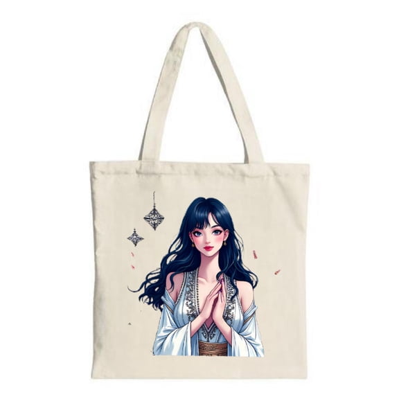 Elegant canvas tote bag featuring a serene woman in a white and blue outfit with a prayer gesture adorned with star - like decorations