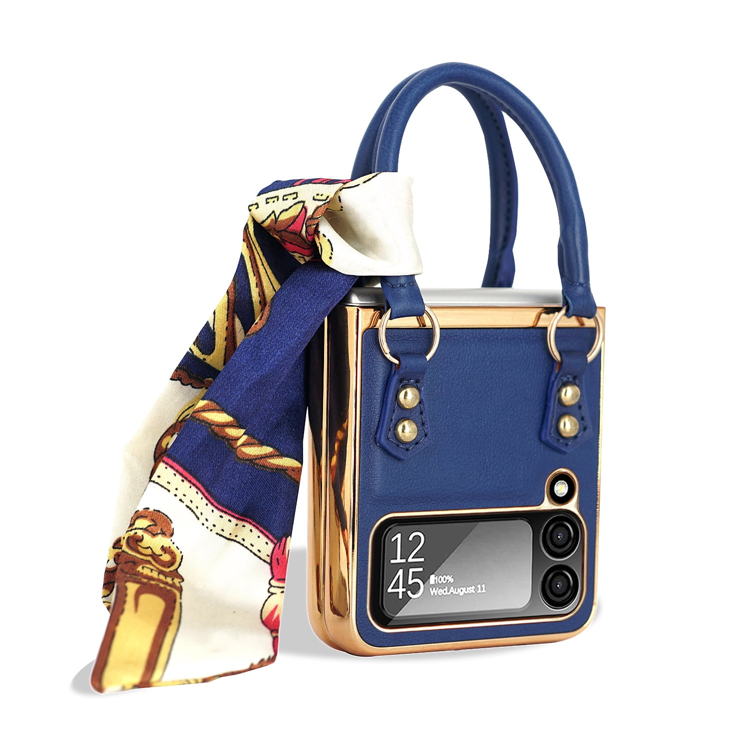 Elegant classic leather folding phone case for Samsung Galaxy Z Flip 4 with silk scarf portable hand holder plating back cover