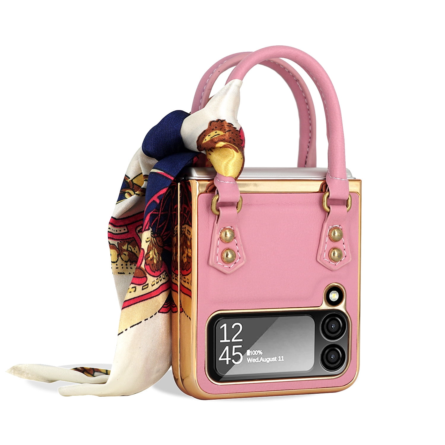 Elegant classic leather folding phone case for Samsung Galaxy Z flip 6 with silk scarf portable hand holder plating back cover