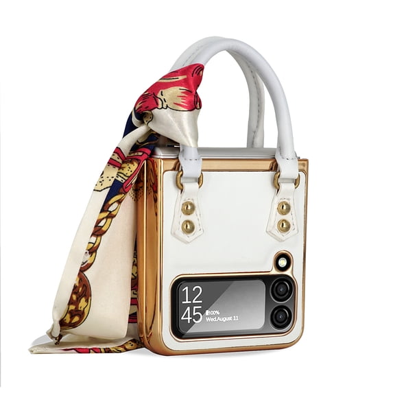 Elegant classic leather folding phone case for Samsung Galaxy Z flip 6 with silk scarf portable hand holder plating back cover