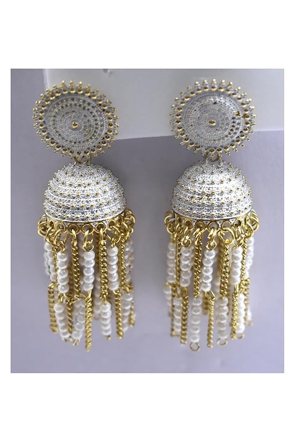 Elegant design Long Pearl white and gold colour Jhumka Earrings for Women