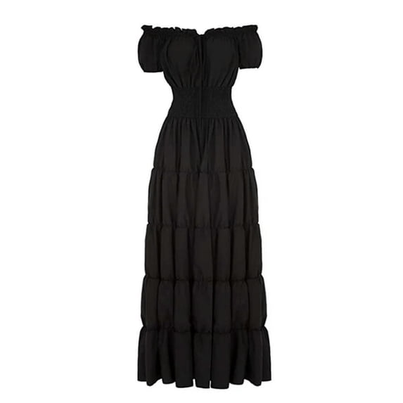 Elegant dress, short-sleeve, off-shoulder, gathered waist, retro pleated long skirt, costume dress-2-XXL
