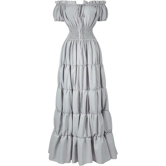 Elegant dress, short-sleeve, off-shoulder, gathered waist, retro pleated long skirt, costume dress-4-S