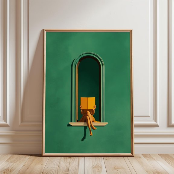 Elegant emerald green woman reading Minimalist Poster Wall Art Decor 8x12 UNFRAMED