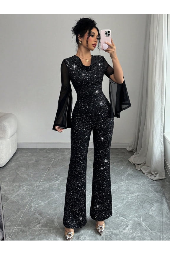 Elegant fitted collar high-slit mesh sleeve jumpsuit trousers knitted gold-stitched fabric black autumn and winter women's jumpsuit