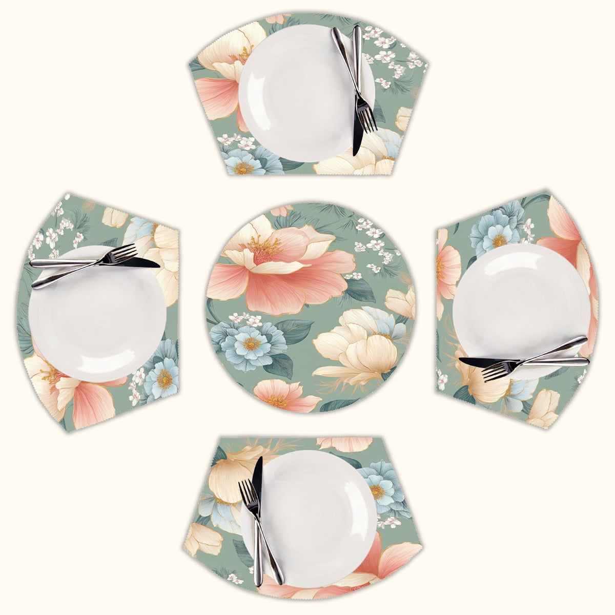 Elegant floral green pastel design Round Table Placemats Set Of 5 Wedge ...