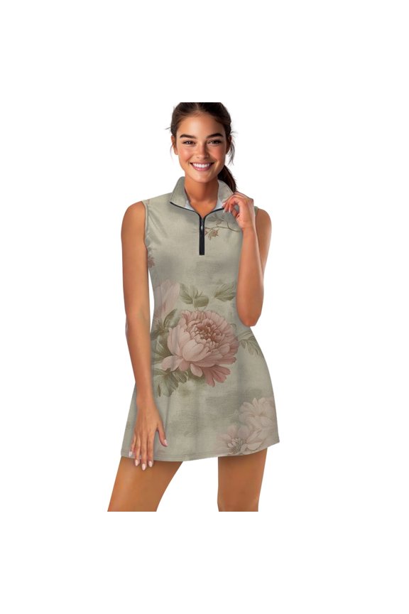 Elegant floral vintage paper Sports Dresses Women Tennis Dress with Separate Shorts One-Piece Slim Fit Golf Dress