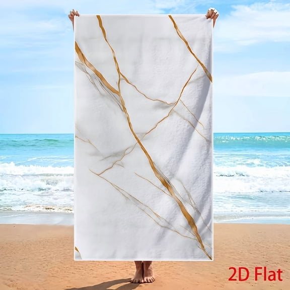Elegant gold pattern marble pattern beach bath towel, white surface with slender curved gold pattern, luxury stone pattern bath towel, soft microfiber fabric, unisex enlarged bath towel