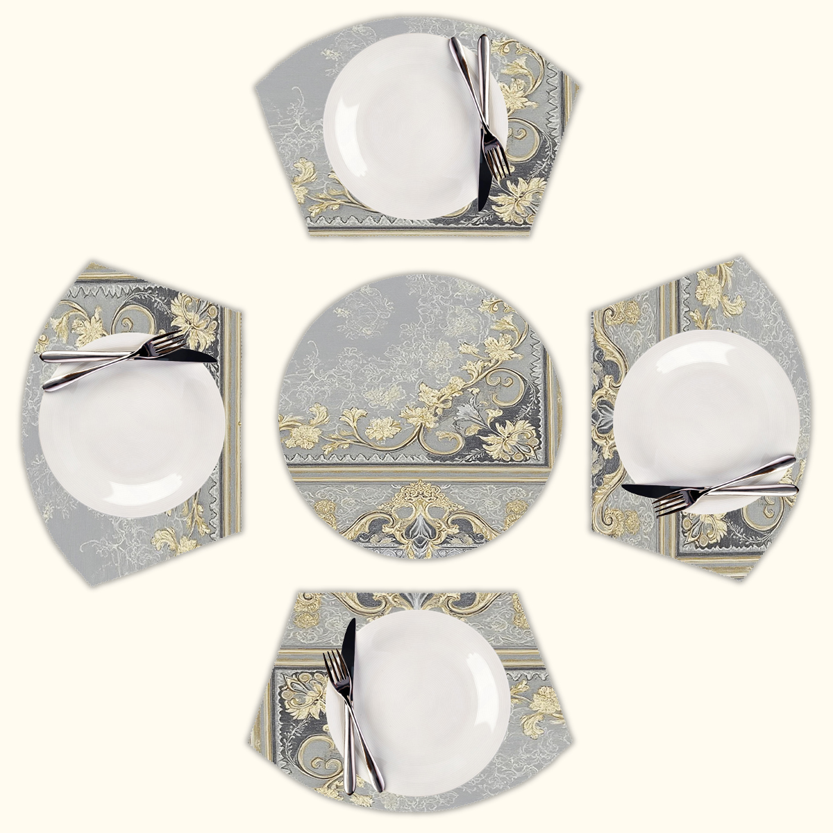 Elegant grey gold floral design Round Table Placemats Set Of 5 Wedge ...