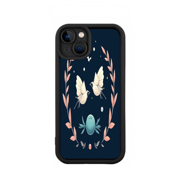Elegant iPhone 15 Case - Lightweight Yellowing Resistant with Decorative Birds & Pink Leaves Design Perfect for Stylish Protection