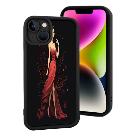 Elegant iPhone 15 Case - Stylish Red Dress Illustration on Black with Swirling Patterns Lightweight & Yellowing Resistant