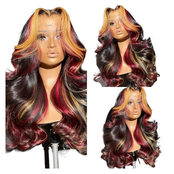 Elegant lace front wig 28 inches for women gradient three-color long curly wig burgundy gold brown black big wave wig