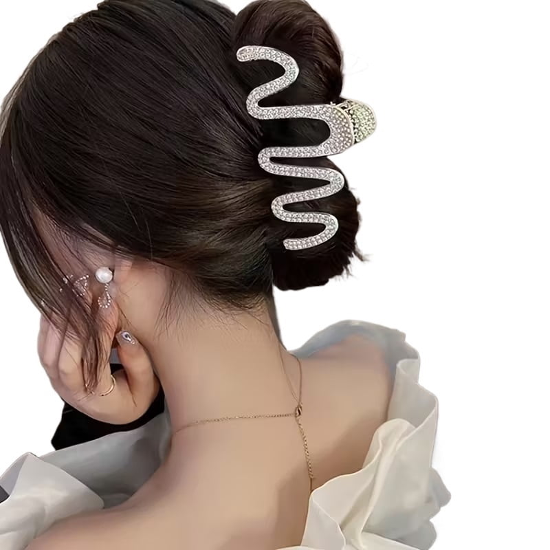Elegant large alloy shark clip for women, shiny rhinestone wave design, suitable for thick long hair, durable metal hair clip, suitable for daily and special occasions