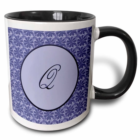 Elegant letter Q in a round frame surrounded by a floral pattern all in lavender blue monotones 11oz Two-Tone Black Mug mug-36050-4