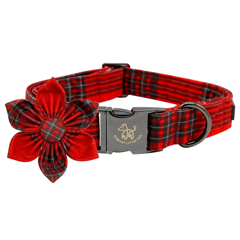 Custom Christmas Dog Collar With Flower, Plaid Dog Collars