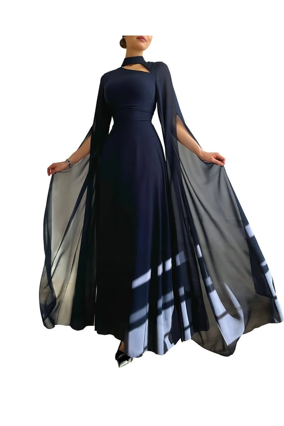 Elegant Long Sleeve Wedding Guest Dress in Classic Black, Modest 1pc Evening Gown with Cape Sleeve for Women, Perfect for Formal Occasions