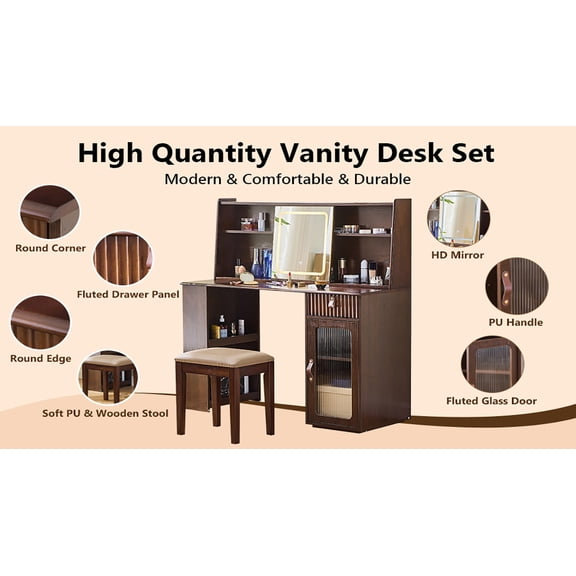 Elegant makeup vanity desk with 3 modes Adjustable Lighted Mirror,modern dressing table set with large shelves, drawer and canbinet,Walnut RR