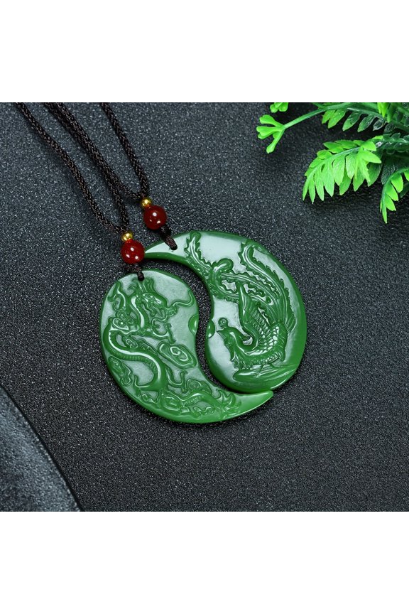 Elegant natural stone dragon and phoenix pendant necklace, perfect for couples,Green