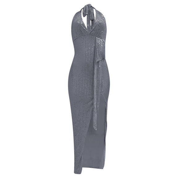 Elegant off-the-shoulder, deep V-back, sequins shimmering along the silhouette. A waist belt accentuates the graceful curves, capturing all eyes at the gala.,L,Grey