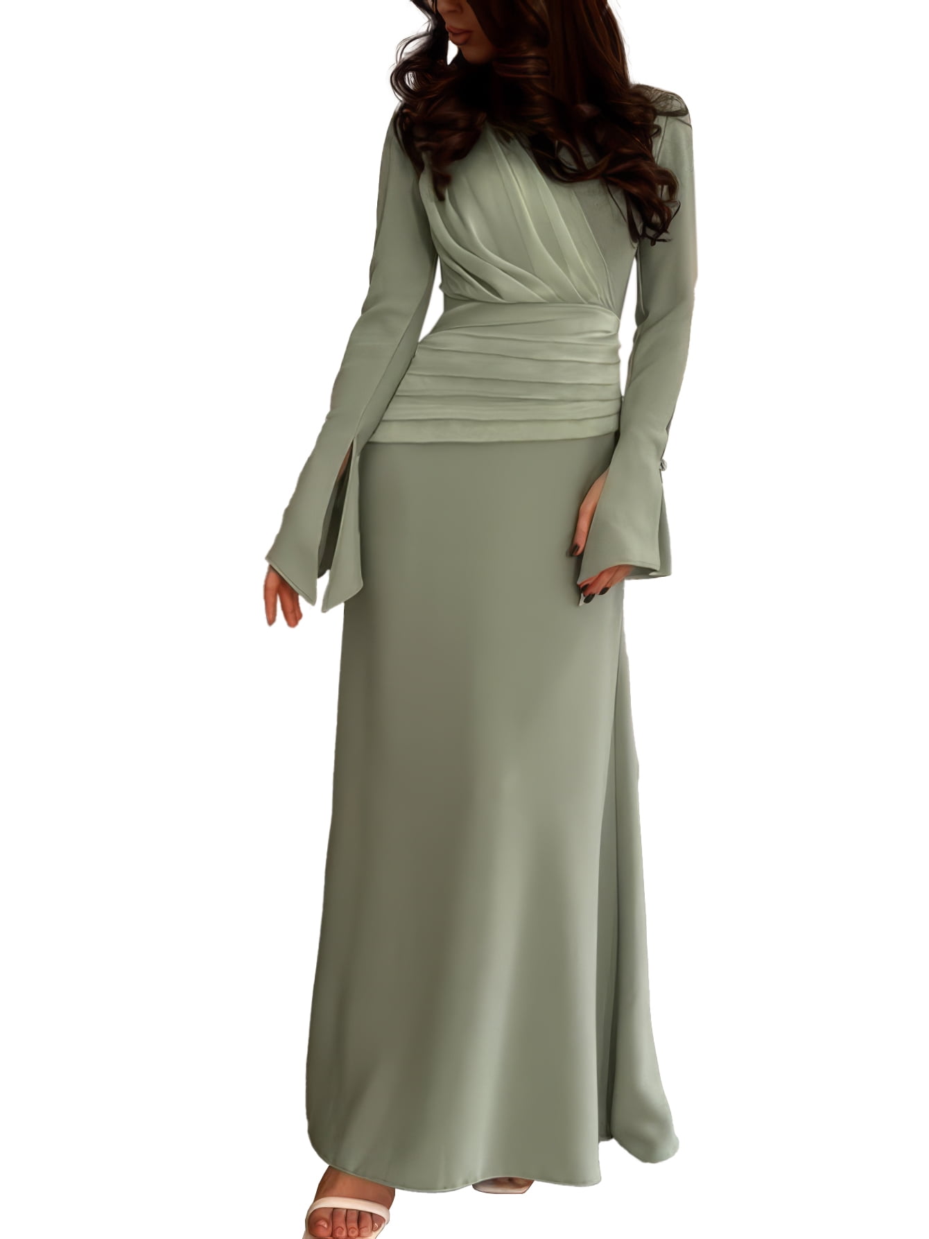 PAOLA RIBONI Chic Pea Green Long Sleeve Dress For Women, 1pc Design Perfect  For Celebrations And Special Events, Blending Modesty With Timeless ...