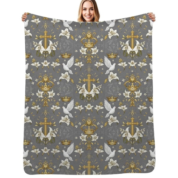 Elegant regal doves lilies cross crowns Flannel Blanket Warm Soft Bedding Throws Winter Camping Chair Sofa Bed