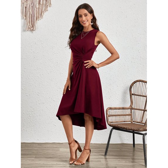 Elegant stylish sleeveless solid color A-line pleated dress