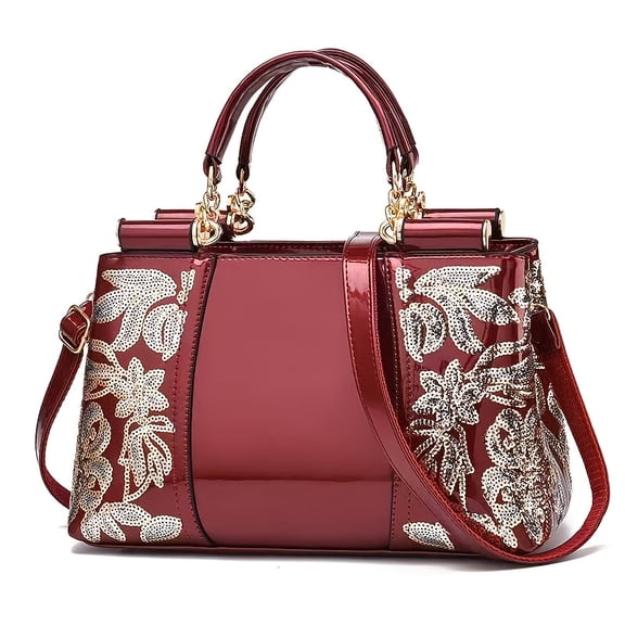 Elegant synthetic leather ladies' handbag - adjustable shoulder straps, spacious interior, gold thread floral design, chestnut color, perfect for daily use or special occasions