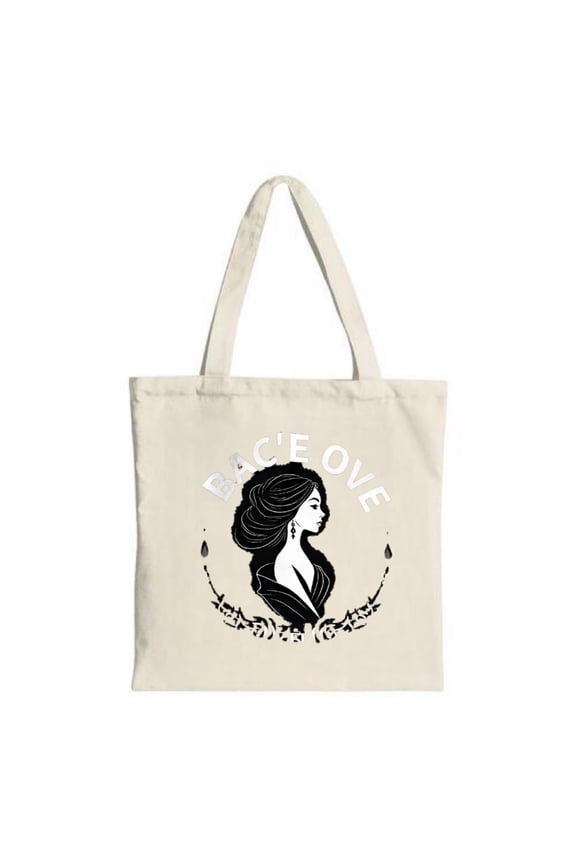 Elegant tote bag featuring a silhouette of a woman with intricate hair bold ' BAC ' E OVE ' text and decorative ' JEANNE ' script