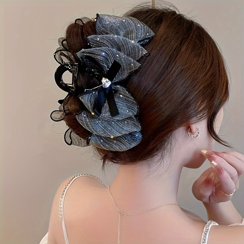 Elegant vintage large butterfly hair clip with heart-shaped rhinestone embellishment and mesh design, suitable for casual outfits