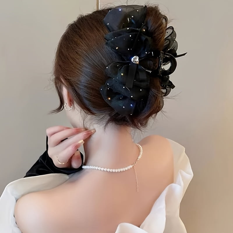 Elegant vintage large butterfly hair clip with heart-shaped rhinestone embellishment and mesh design, suitable for casual outfits