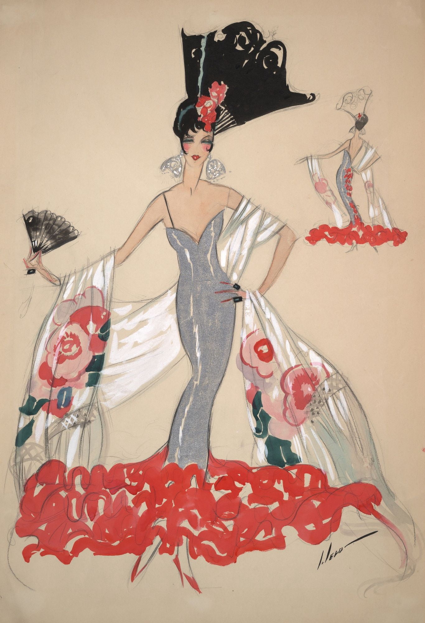 Elegant woman in silver dress holding a fan Canvas Art - John Held (18 x 24)